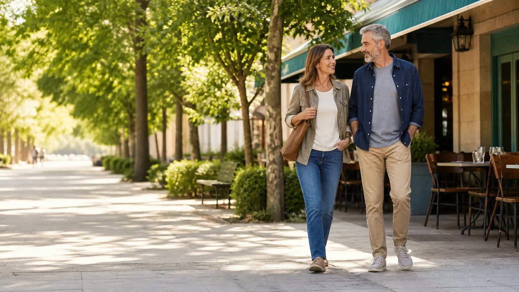 Pareja adulta iniciando un paseo tranquilo después de comer
