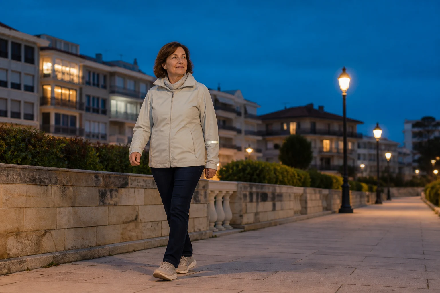 Mujer adulta caminando de forma visible y segura al anochecer