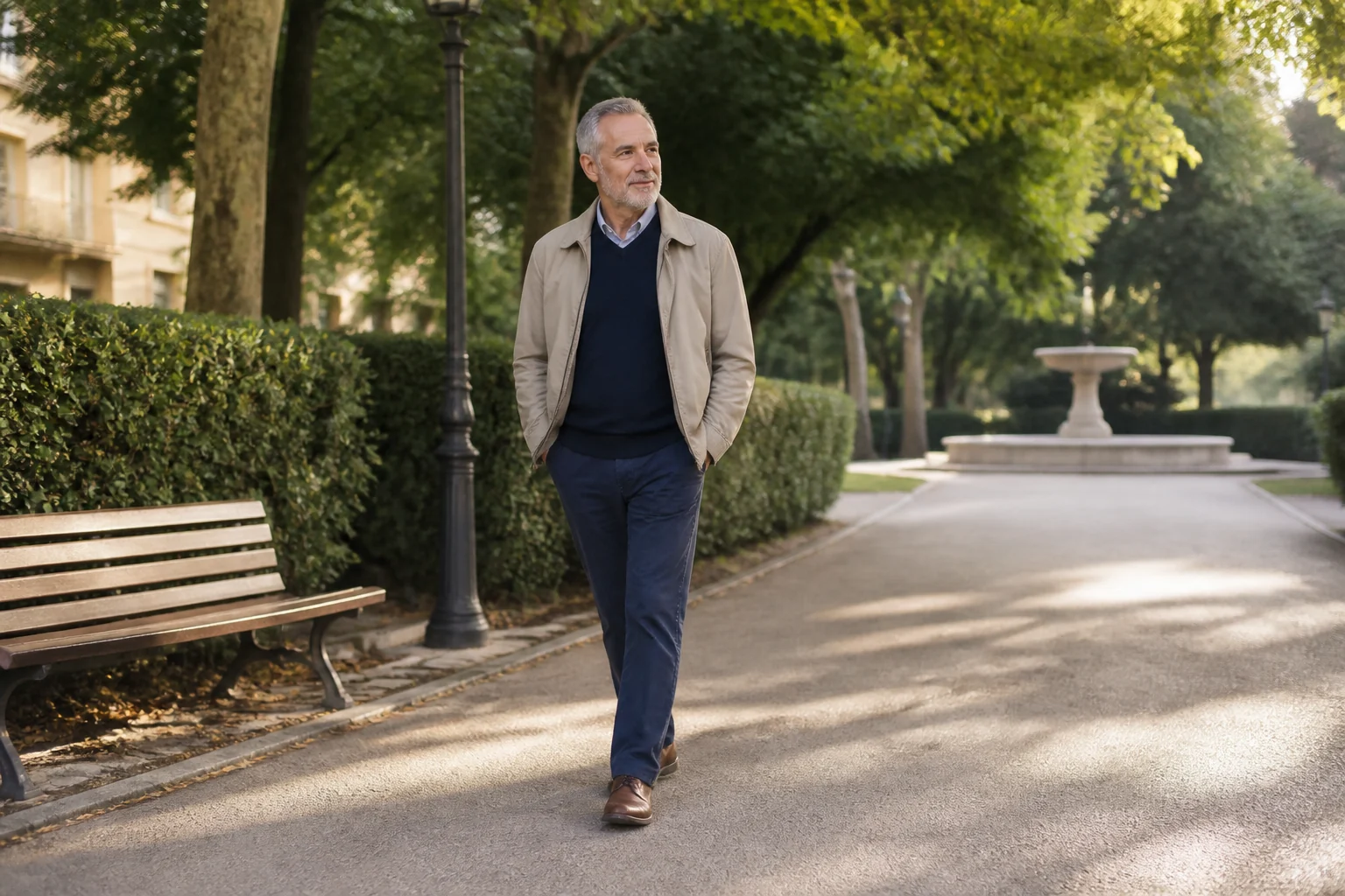 Hombre adulto dando un paseo corto y cómodo por un parque