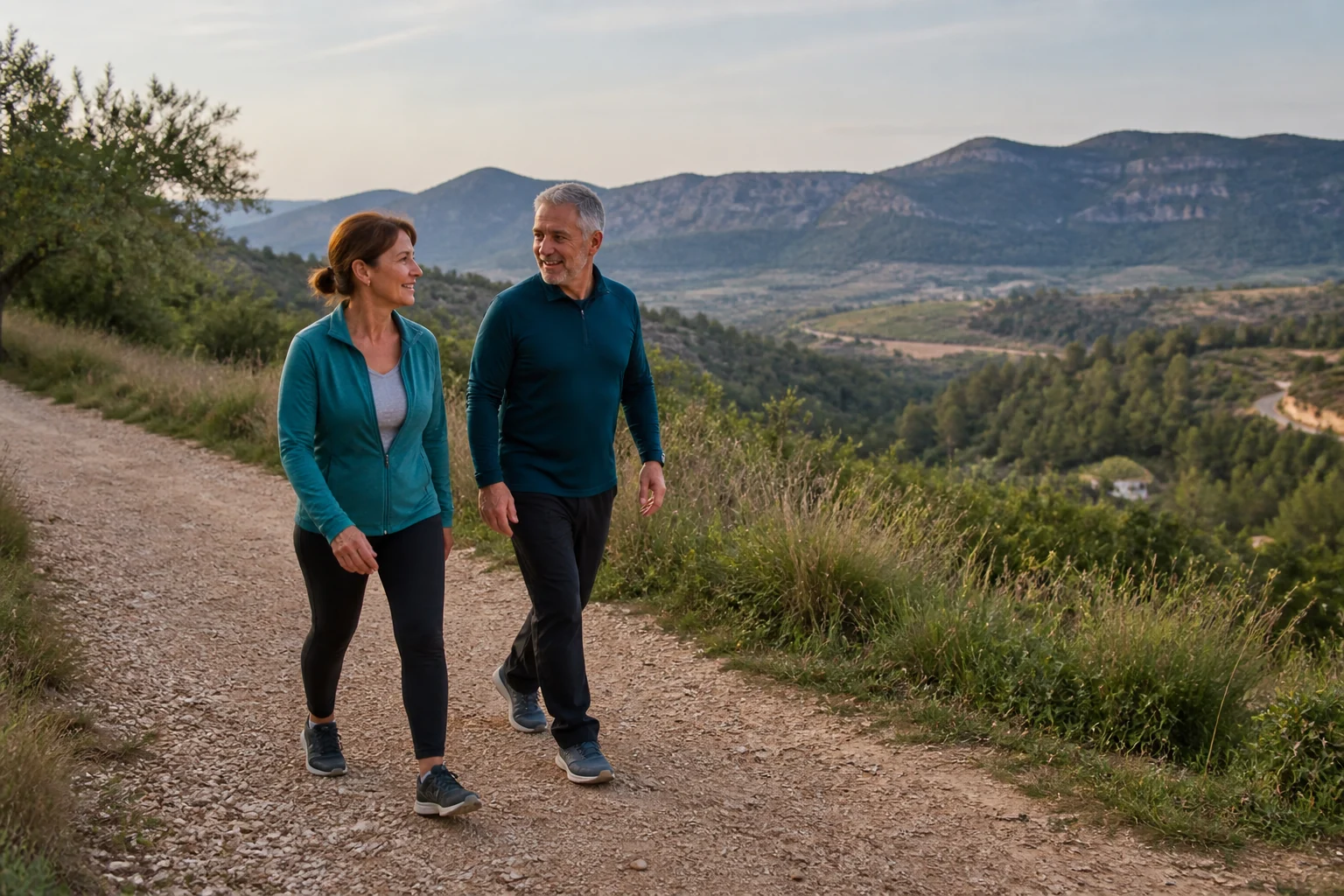 Pareja adulta caminando por una ruta natural con pendiente suave