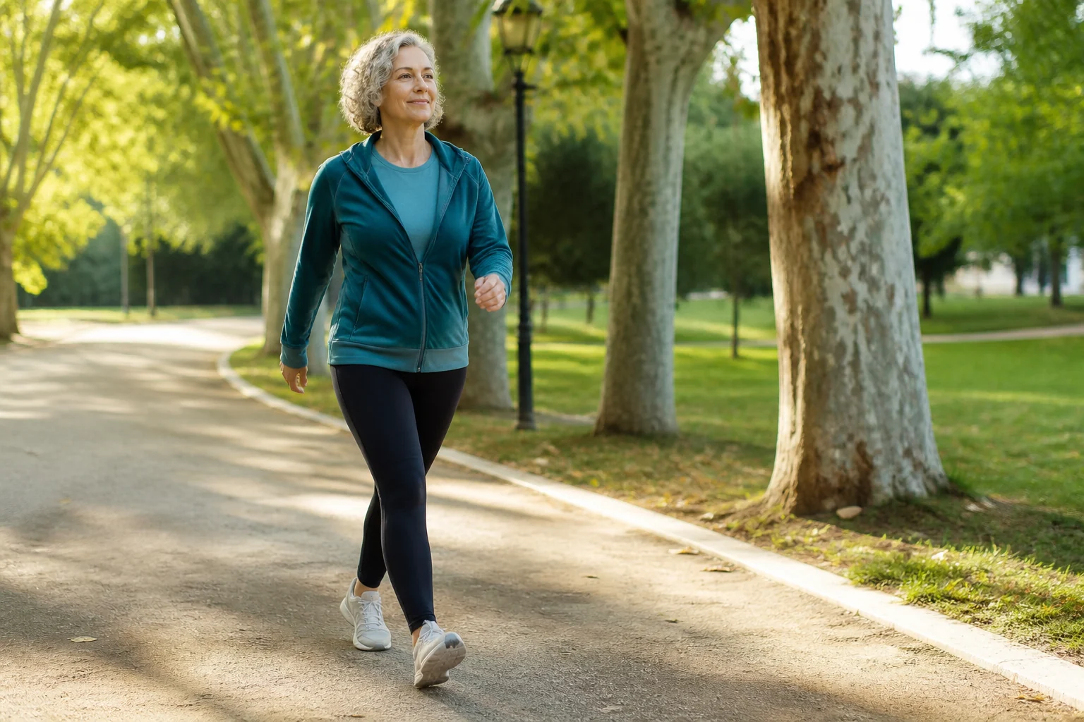 Mujer adulta caminando a ritmo ágil y natural por un parque
