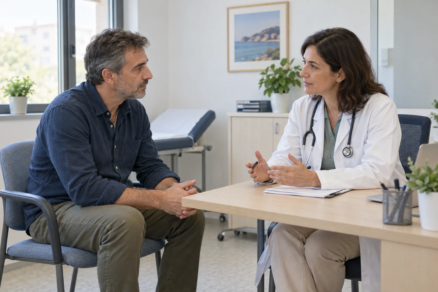 Profesional sanitaria conversando con un hombre adulto en una consulta