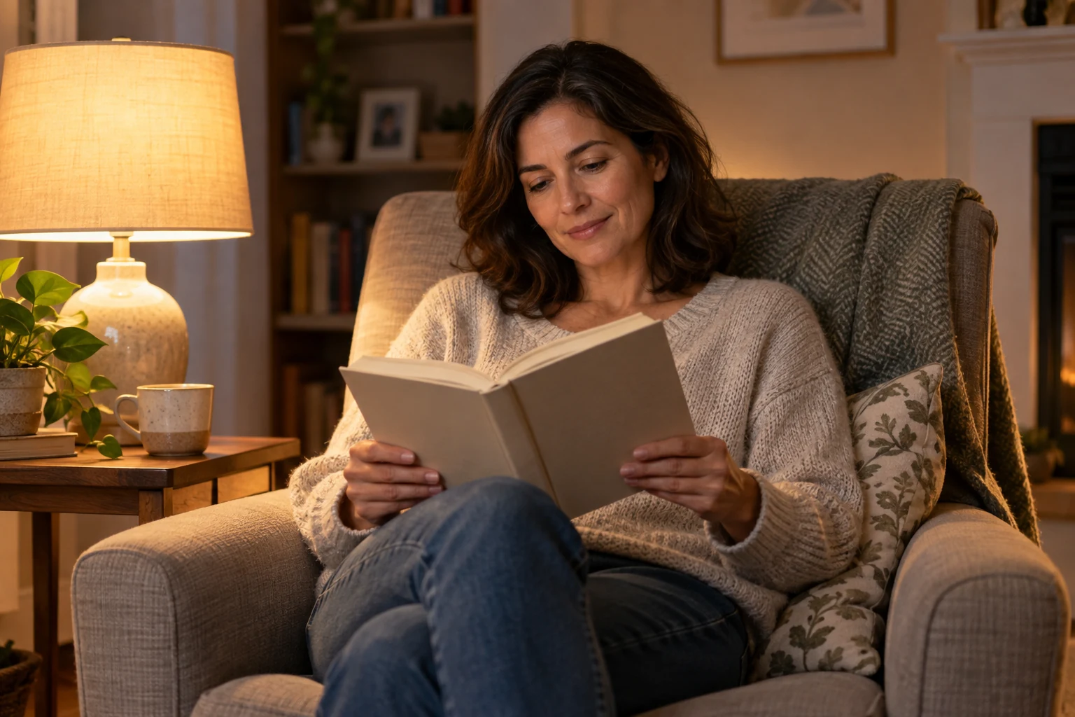 Mujer adulta leyendo un libro en papel con iluminación suave