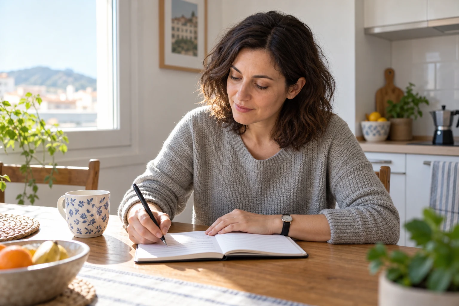 Mujer adulta anotando un registro de sueño en un cuaderno durante la mañana