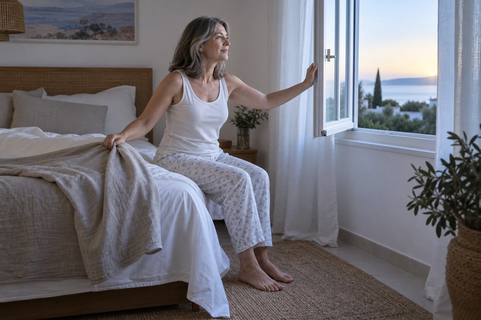 Mujer en la menopausia apartando una capa de la cama y abriendo la ventana al despertar con calor