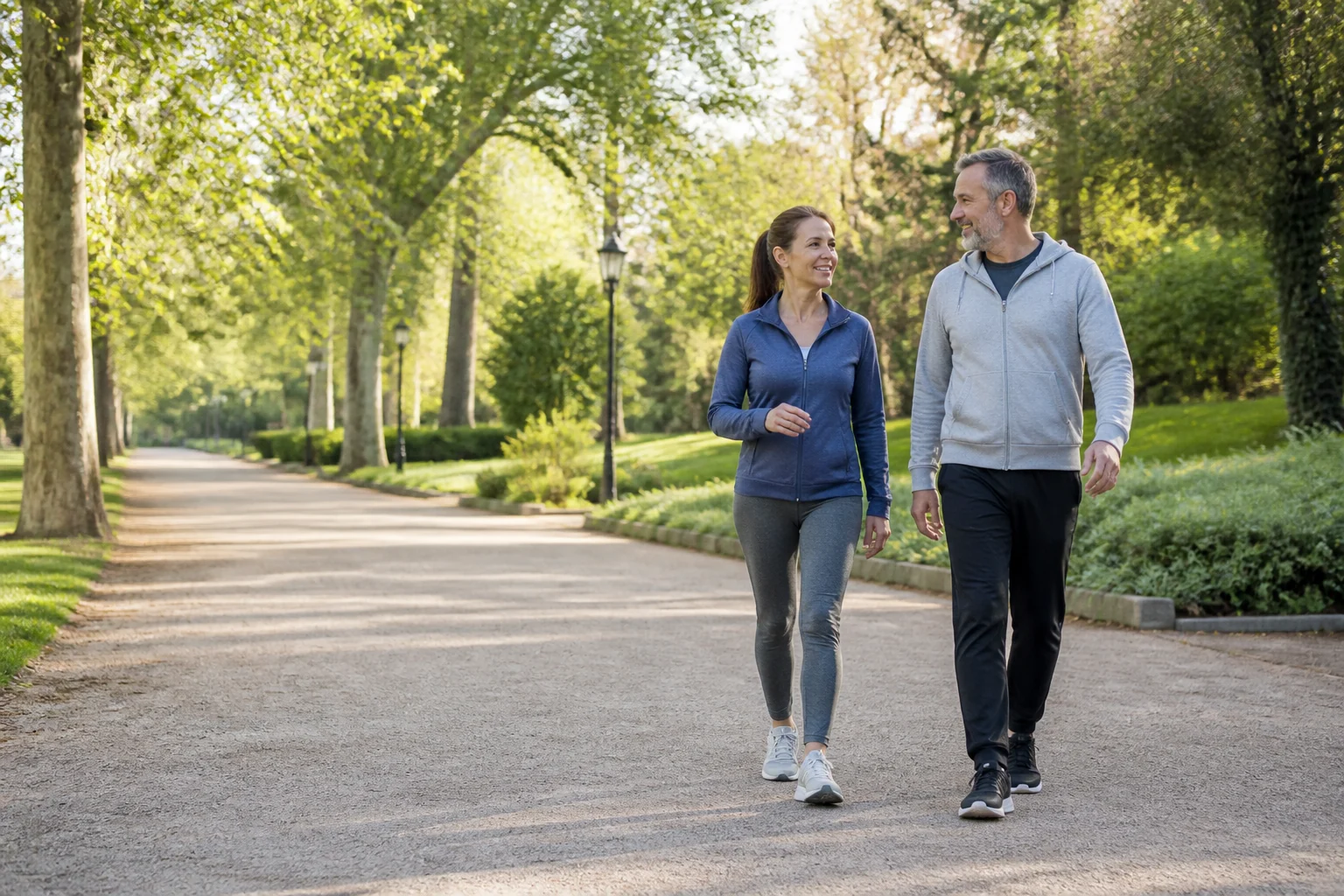 Pareja adulta caminando a ritmo cómodo por un parque urbano