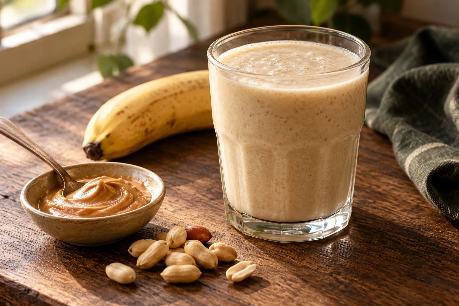 Batido de plátano y cacahuete con crema de cacahuete a su lado