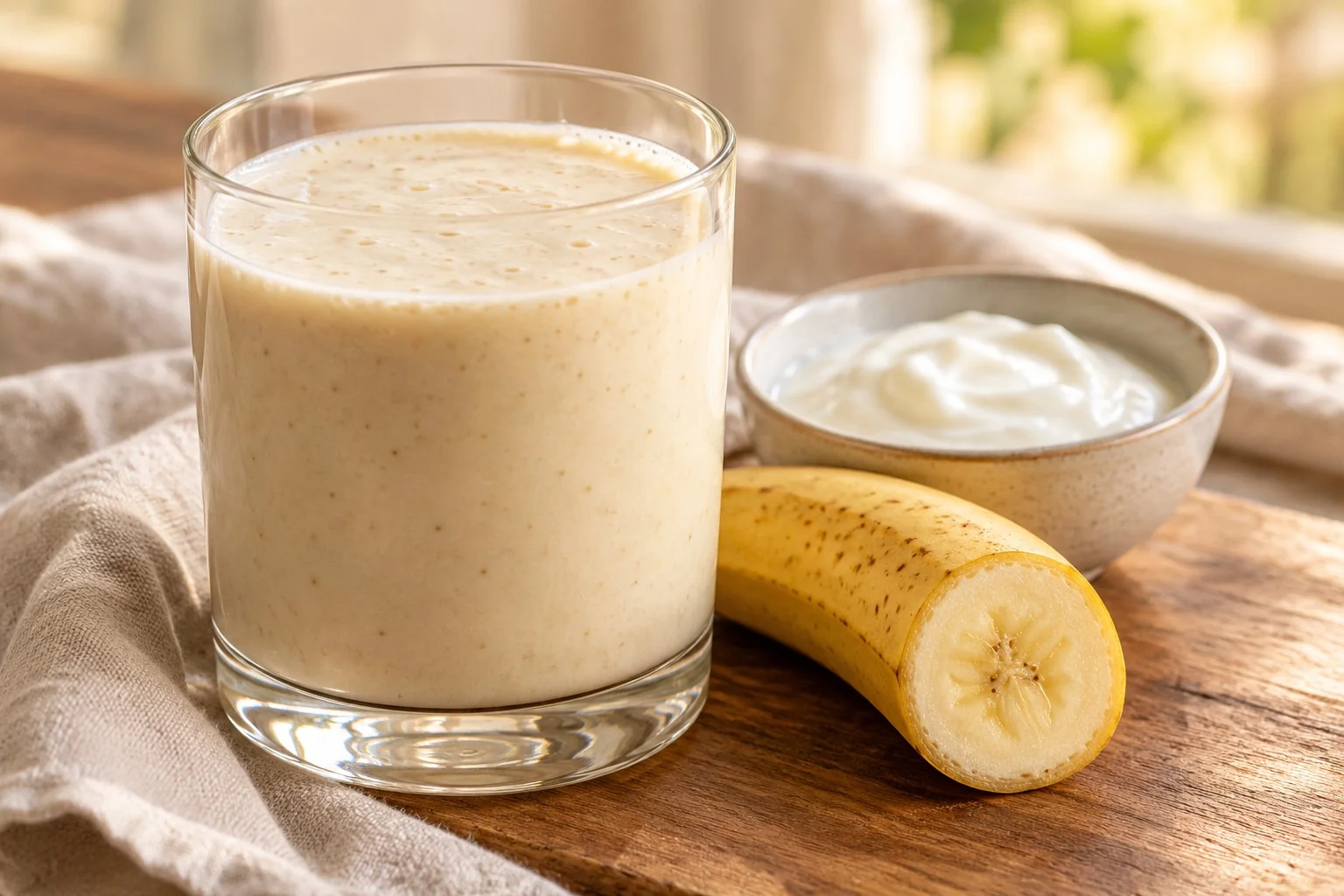 Batido de yogur y plátano junto a los ingredientes de la receta