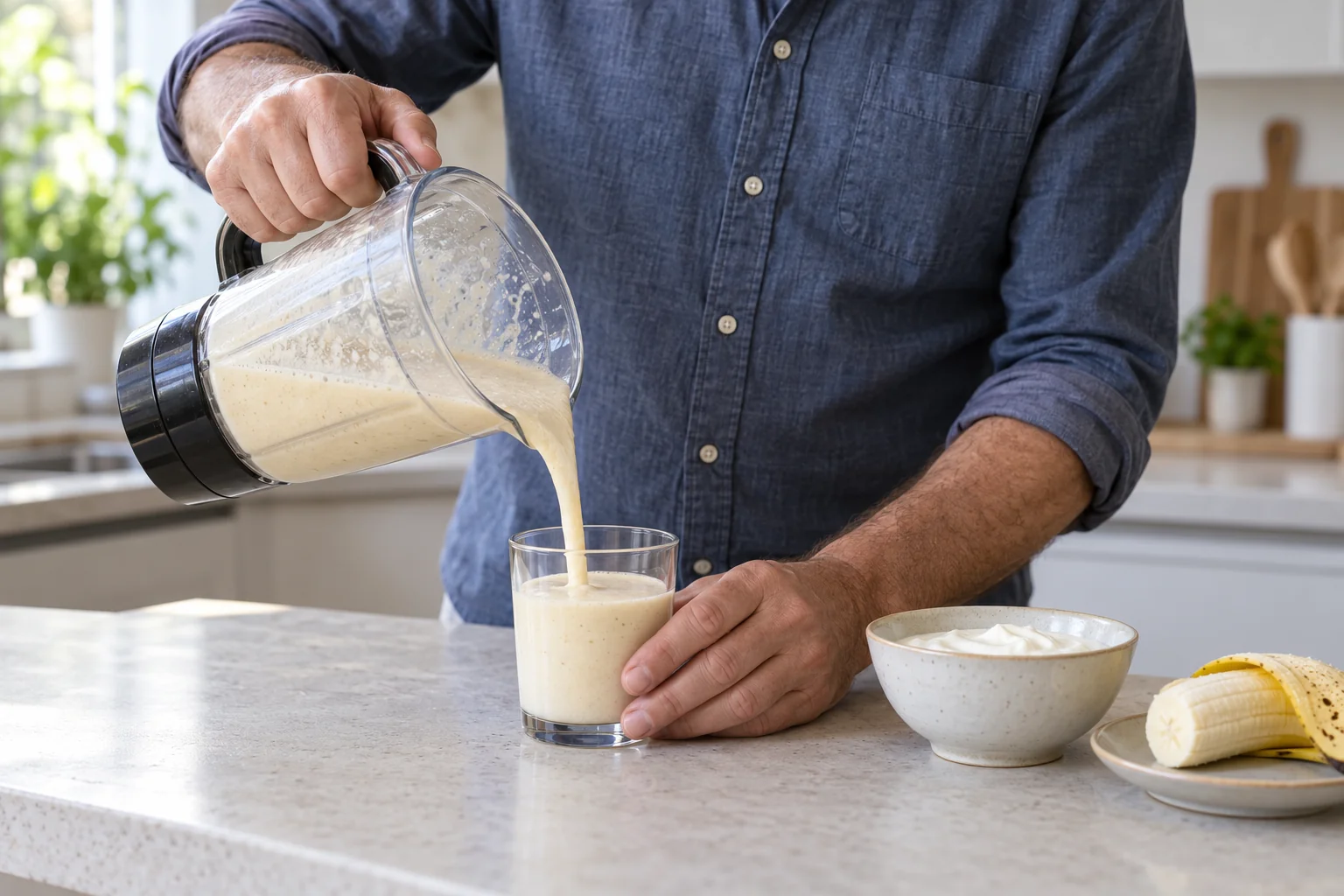 Un hombre sirve un batido casero desde el vaso de una batidora