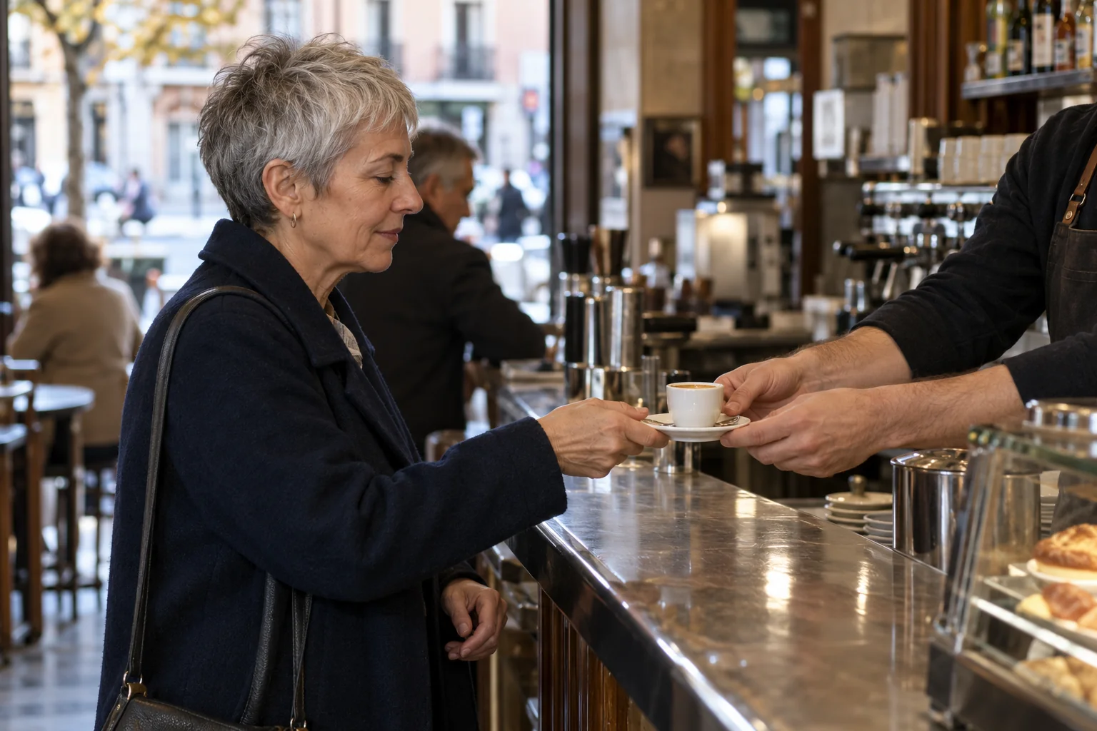 Una mujer recibe un café pequeño en la barra de una cafetería