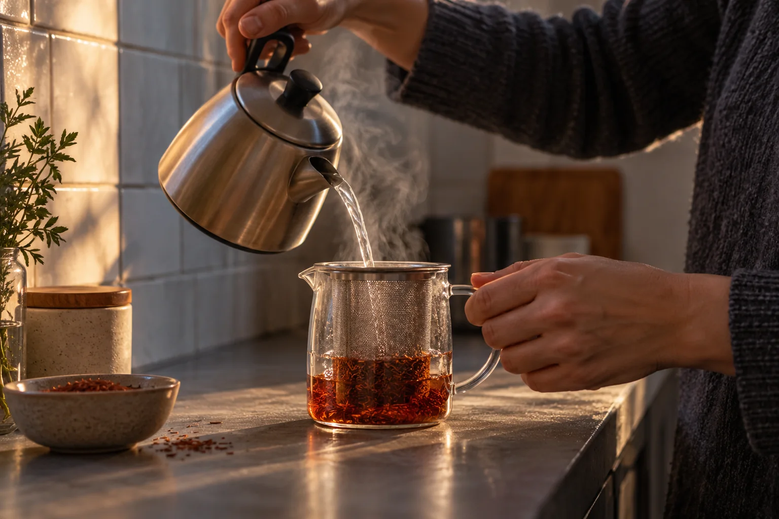Unas manos preparan una infusión de rooibos en una jarra de cristal