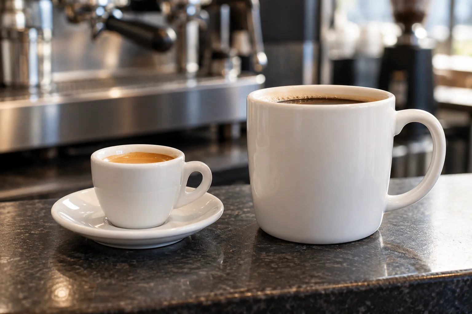 Una taza pequeña de espresso junto a una taza grande de café
