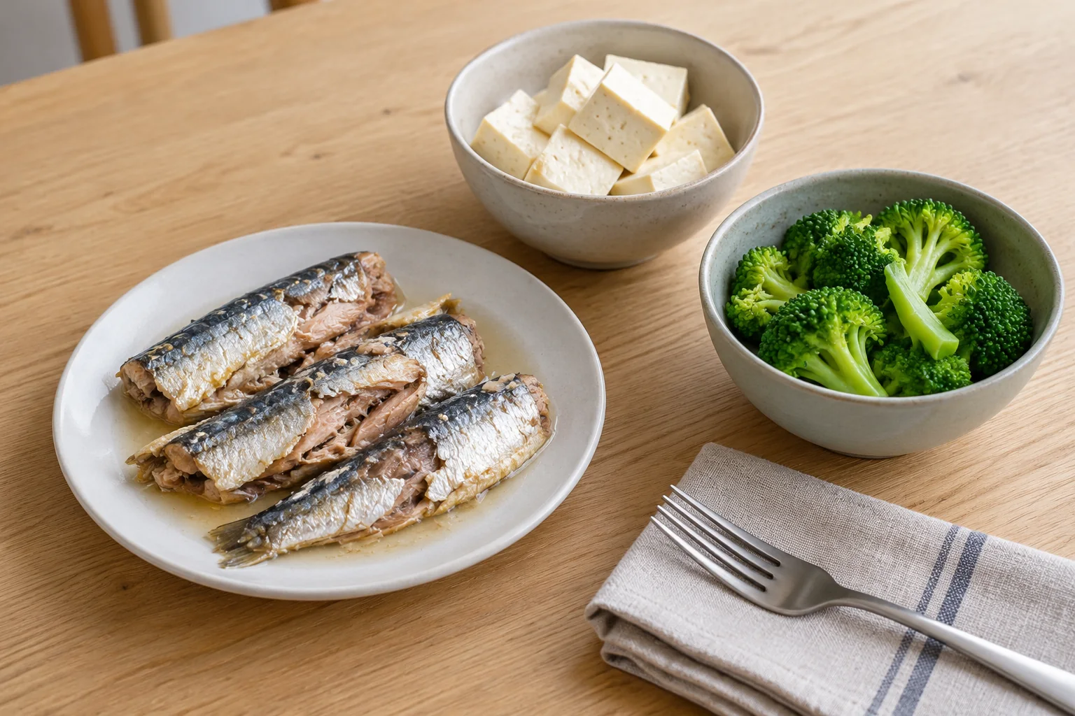 Un plato pequeño de sardinas en conserva y dos recipientes con tofu y brócoli sobre una mesa