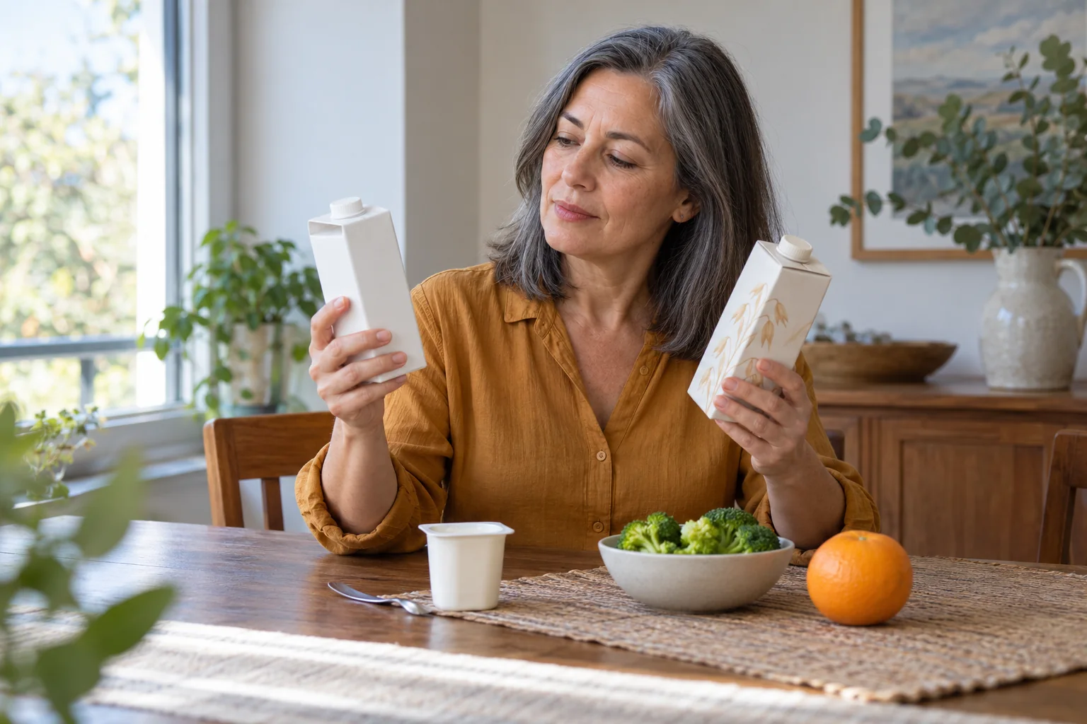 Una mujer compara dos envases sin marca junto a alimentos cotidianos en una mesa de comedor