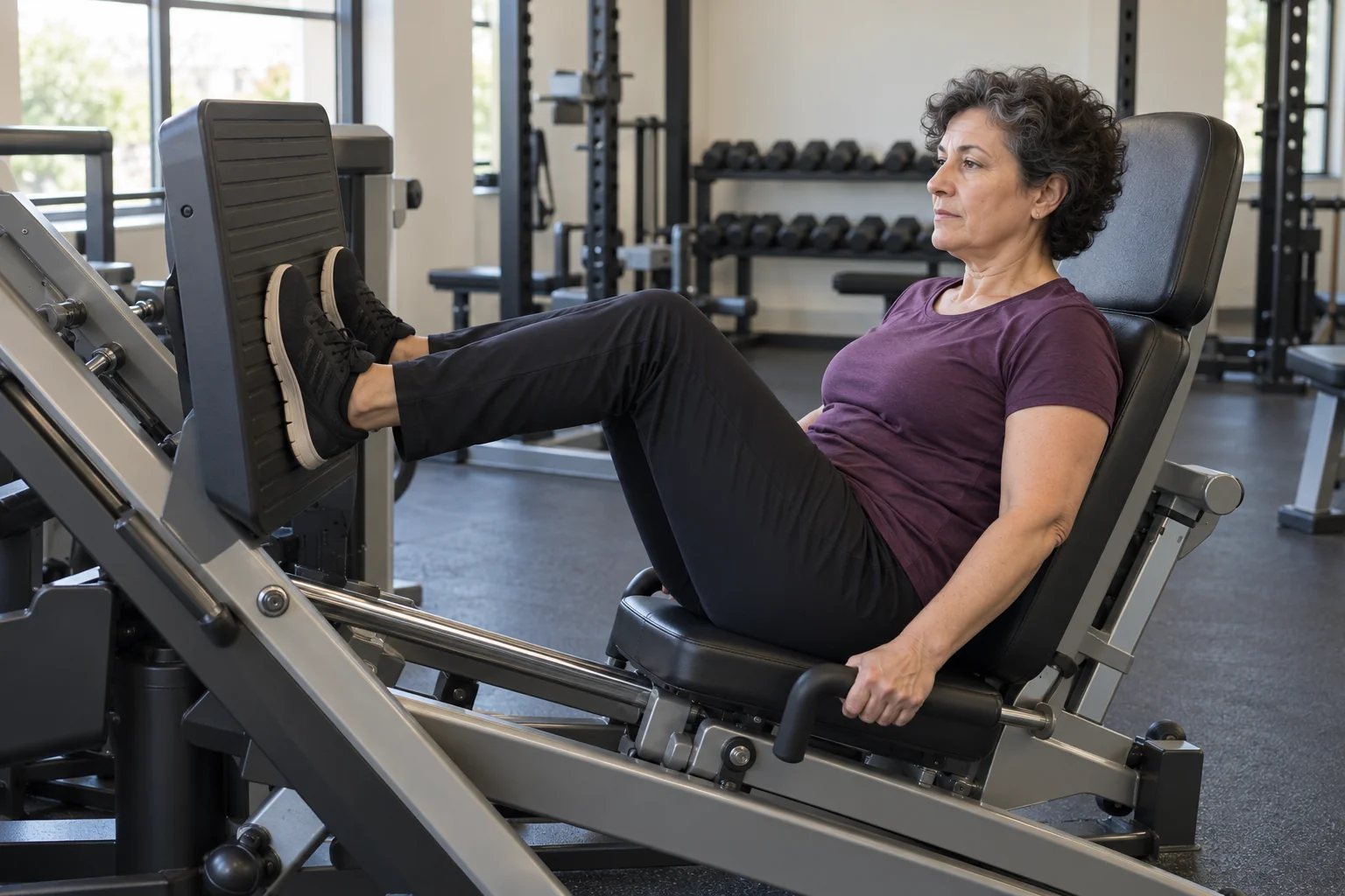 Una mujer de unos 55 años entrena en una prensa de piernas en un gimnasio