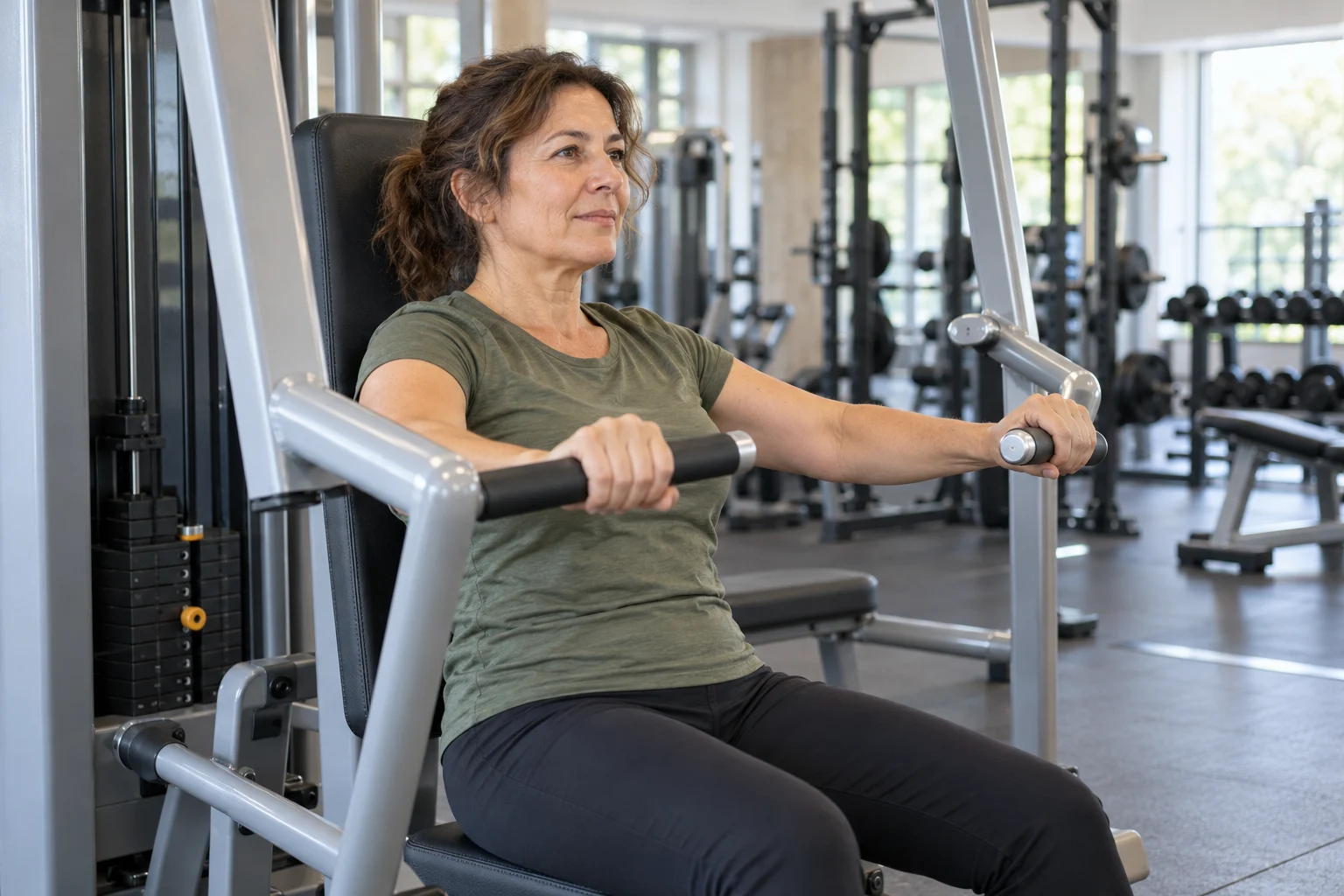 Una mujer de mediana edad entrena en una máquina de empuje de pecho