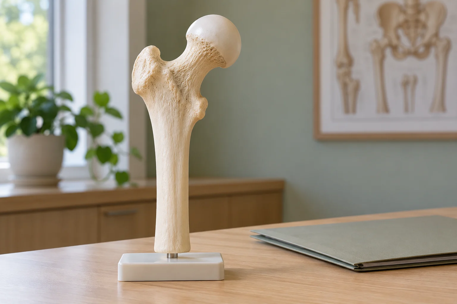 Modelo anatómico del extremo superior del fémur sobre una mesa