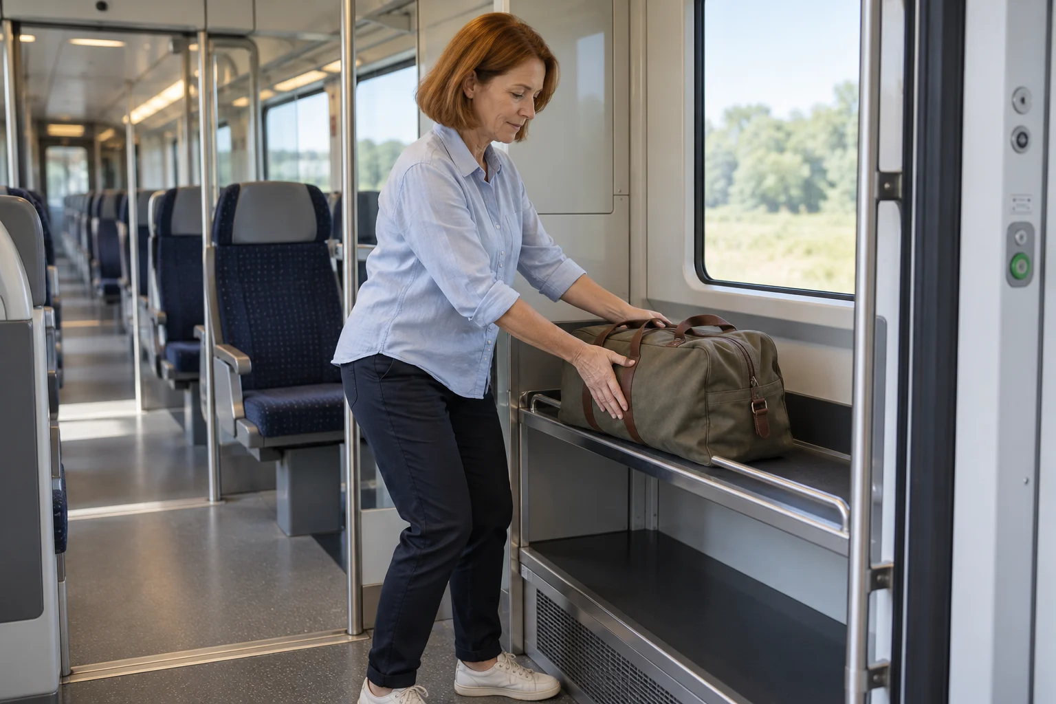 Una mujer coloca con ambas manos una bolsa de viaje en un estante bajo del tren