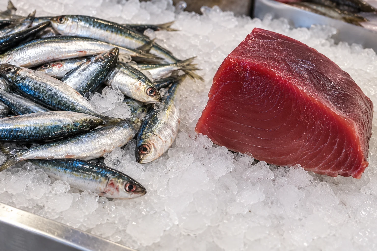 Sardinas y una pieza de atún sobre hielo en un mostrador de pescado