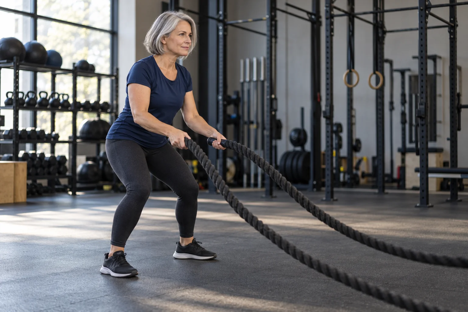Una mujer de unos 55 años entrena con cuerdas en un gimnasio despejado