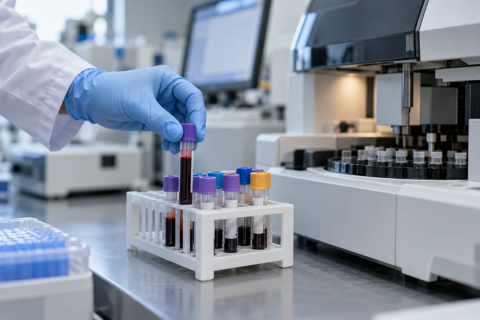 Una mano con guante coloca un tubo cerrado en una gradilla de laboratorio