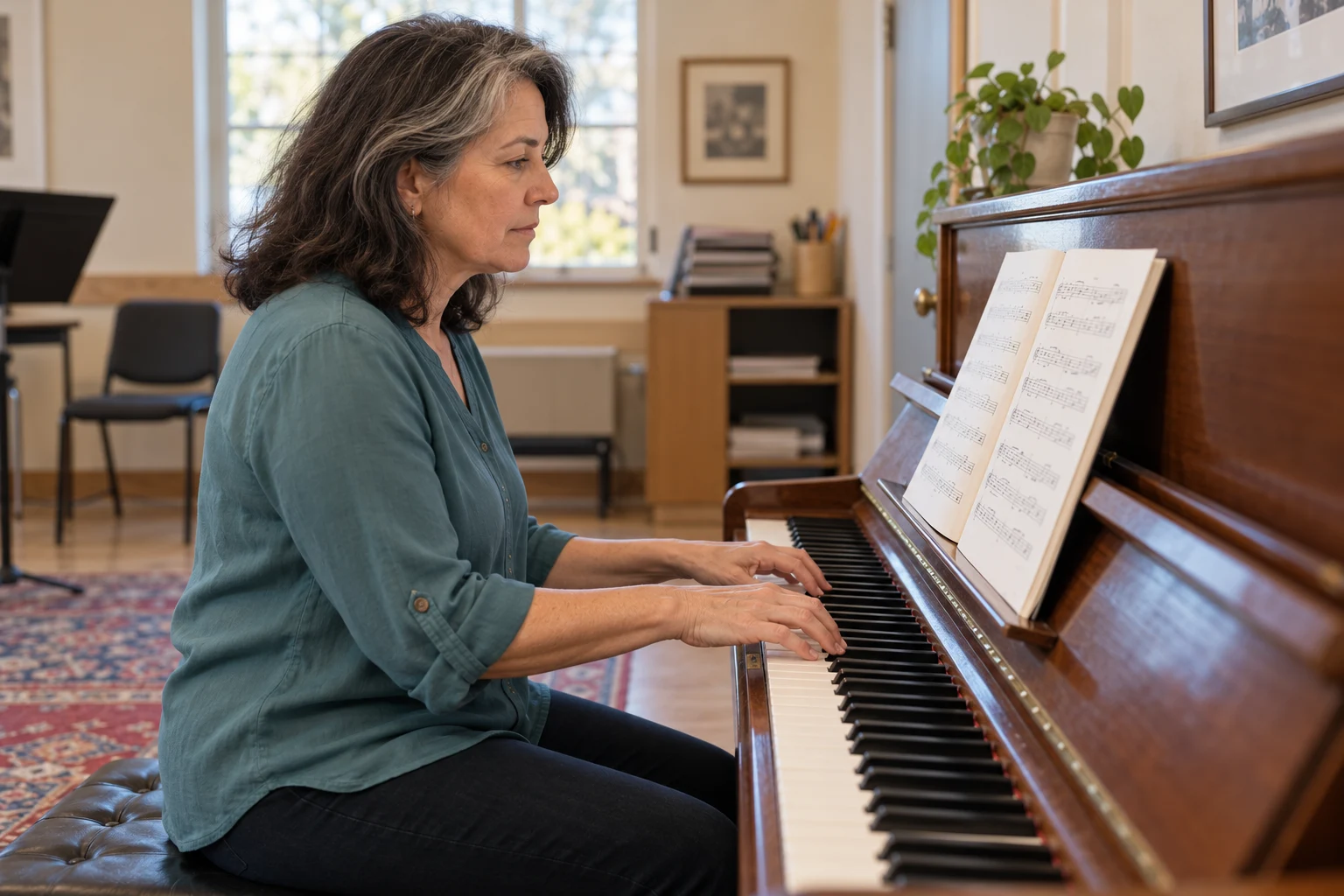 Una mujer de mediana edad practica una partitura al piano
