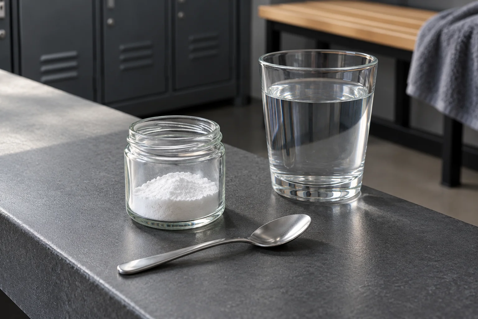 Un tarro sin etiqueta con polvo blanco, una cucharilla vacía y un vaso de agua