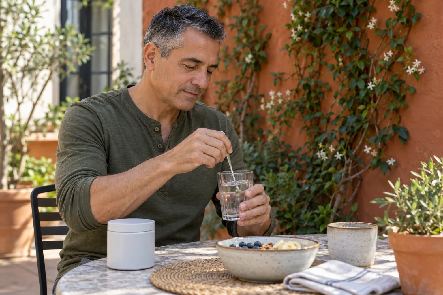Un hombre remueve un vaso de agua durante el desayuno en un patio
