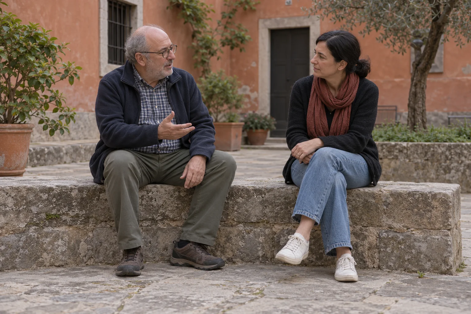 Dos adultos conversan con calma sentados en un patio comunitario