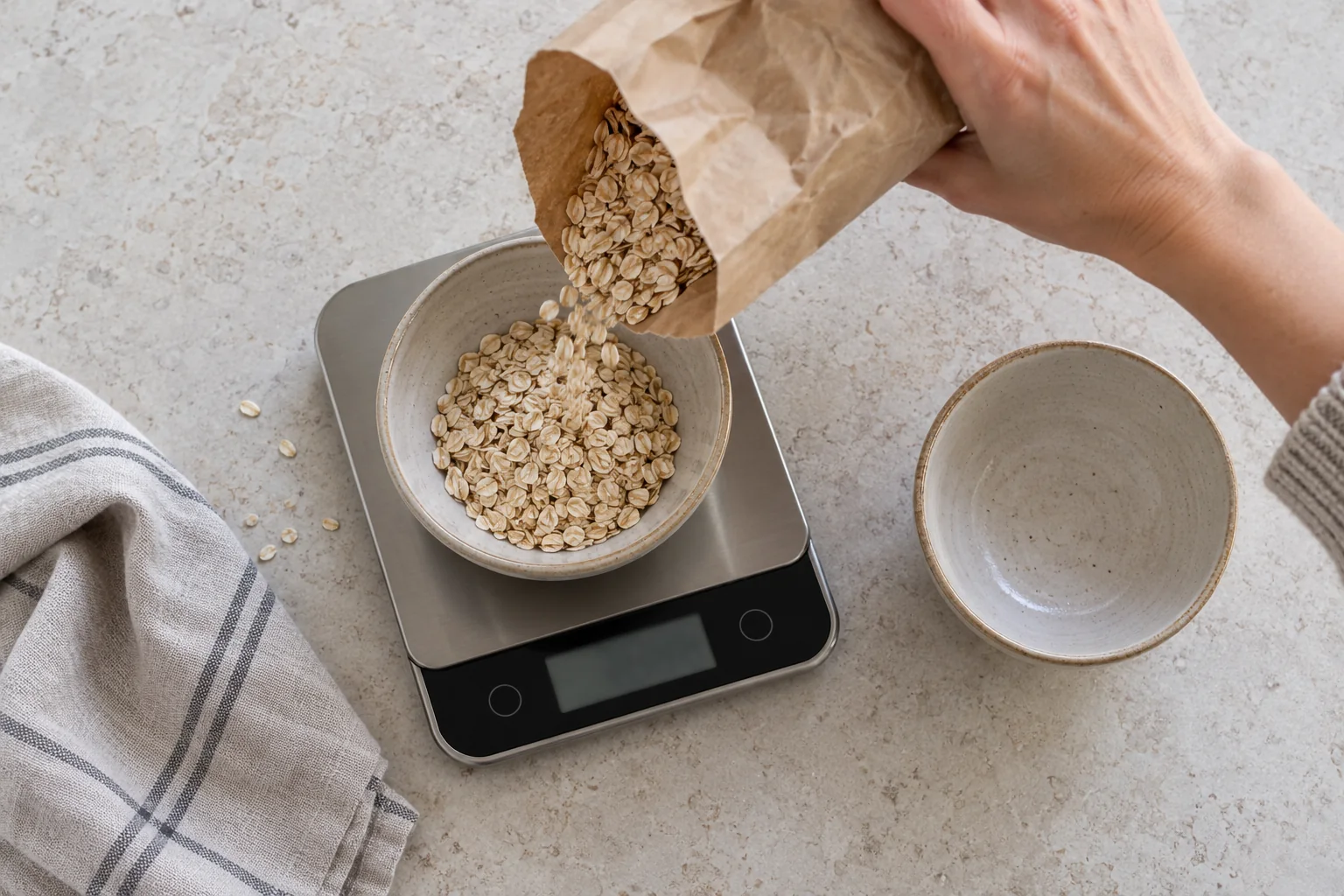 Una persona sirve copos de avena en un cuenco colocado sobre una báscula de cocina