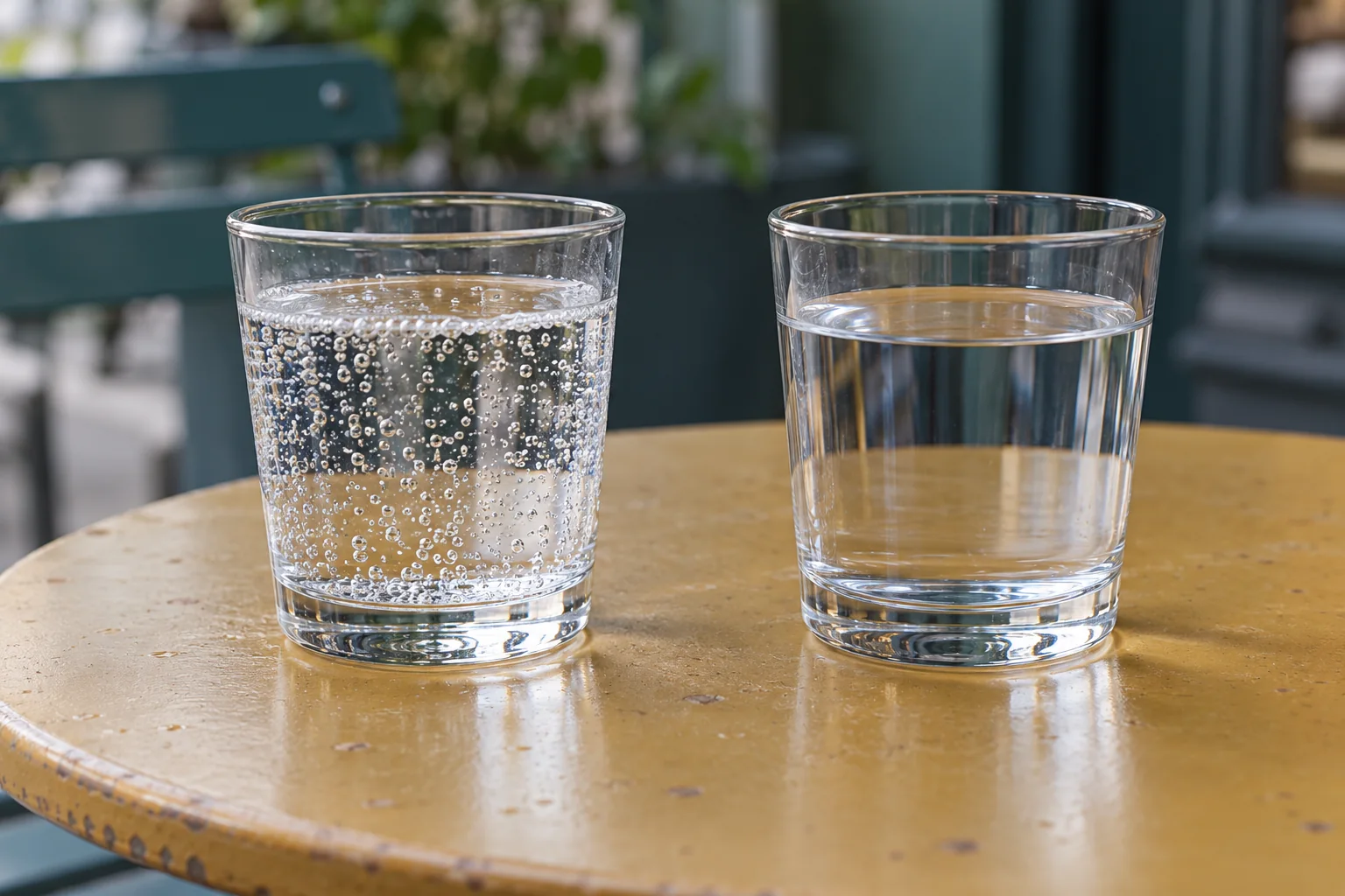 Dos vasos de agua sobre una mesa, uno con burbujas visibles y otro sin burbujas