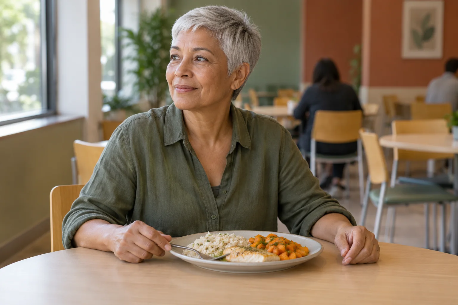 Una mujer de pelo corto plateado hace una pausa durante su comida en un comedor de trabajo