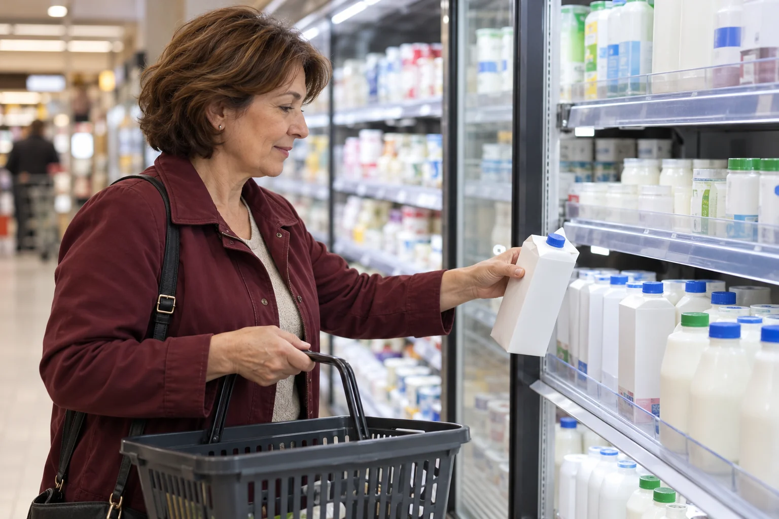 Una mujer elige un envase de leche en el refrigerador de un supermercado