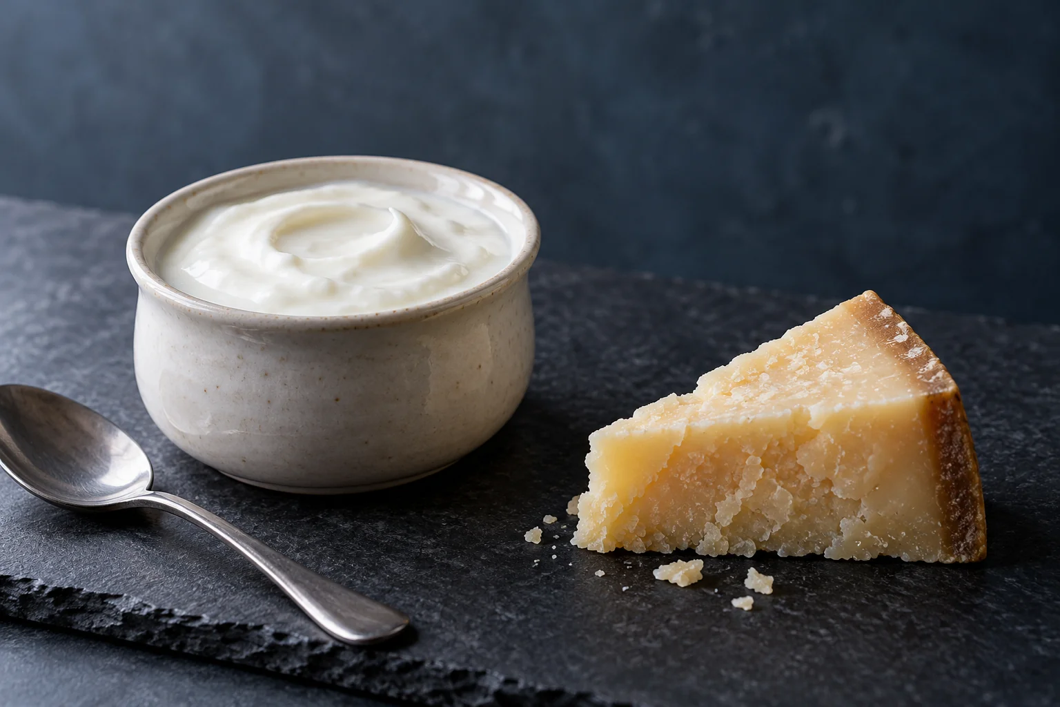 Un recipiente de yogur natural y un pequeño trozo de queso curado sobre una superficie oscura
