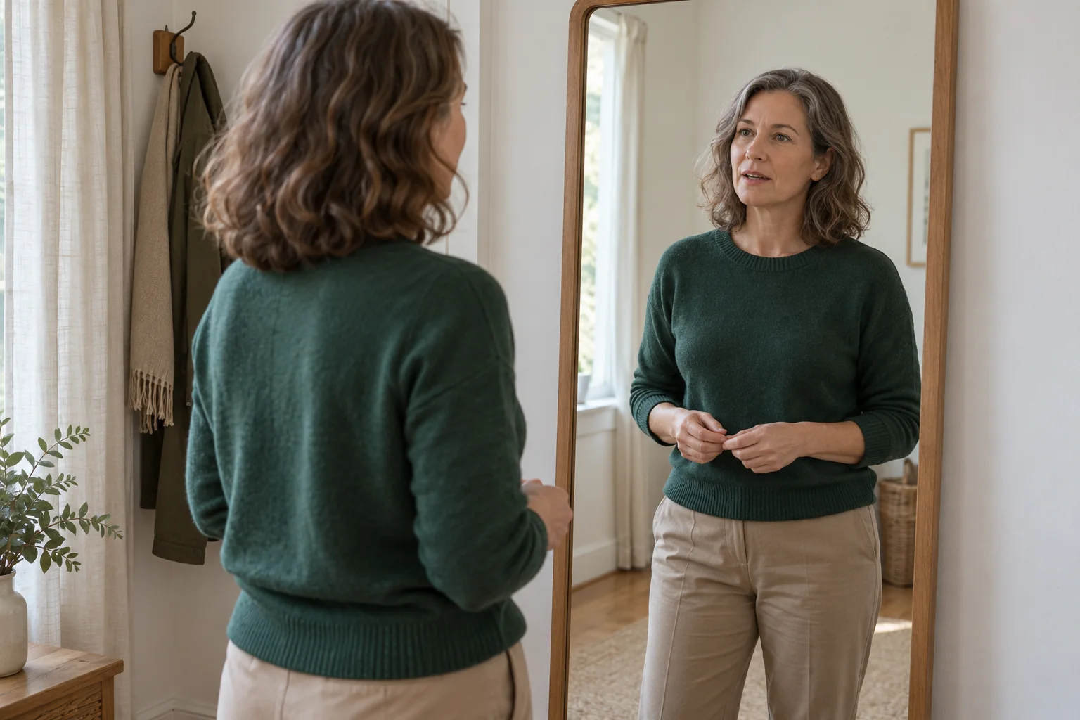 Una mujer ensaya una explicación breve ante un espejo de cuerpo entero en una habitación despejada