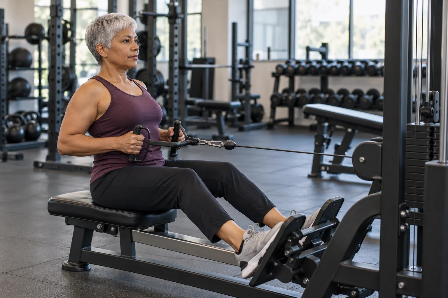 Una mujer de pelo corto gris realiza un remo sentado en una máquina de gimnasio