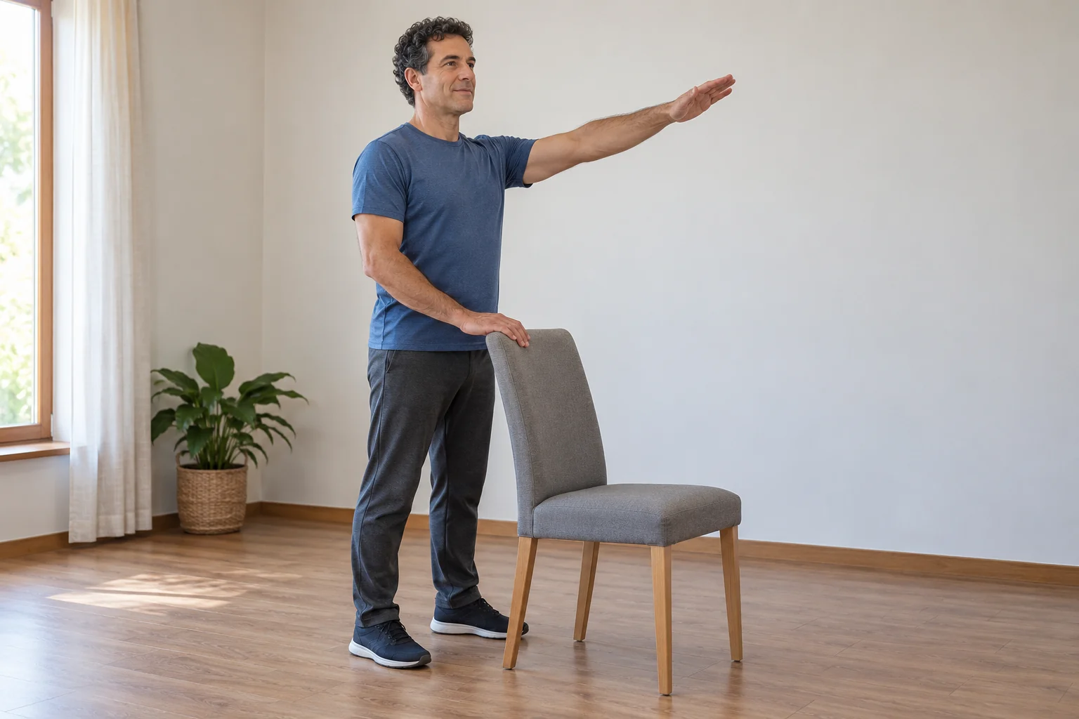 Hombre eleva un brazo junto a una silla estable en una zona despejada
