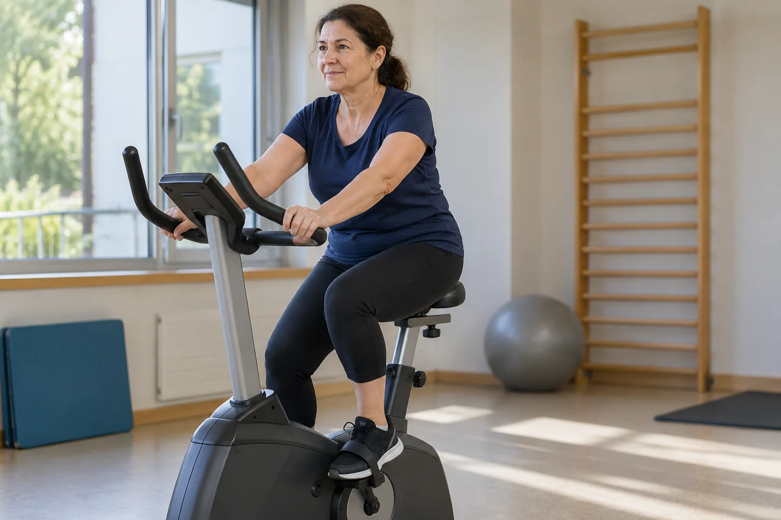 Una mujer de unos 55 años pedalea en una bicicleta estática en una sala de actividad física