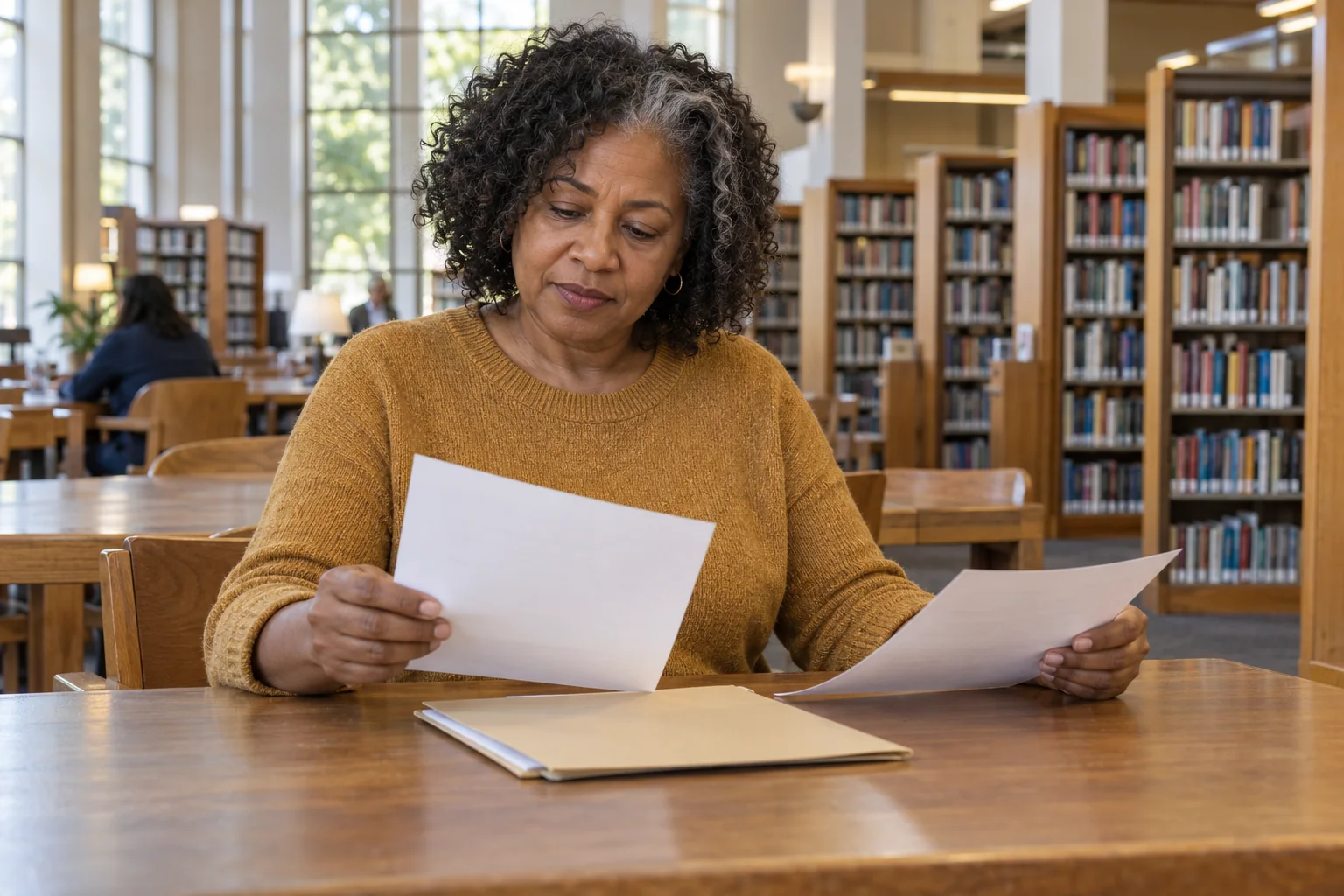 Una mujer organiza documentos en una mesa de biblioteca