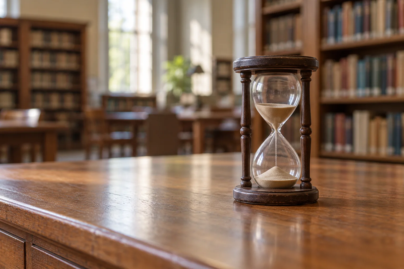 Un pequeño reloj de arena sobre un mueble de madera en una sala de lectura