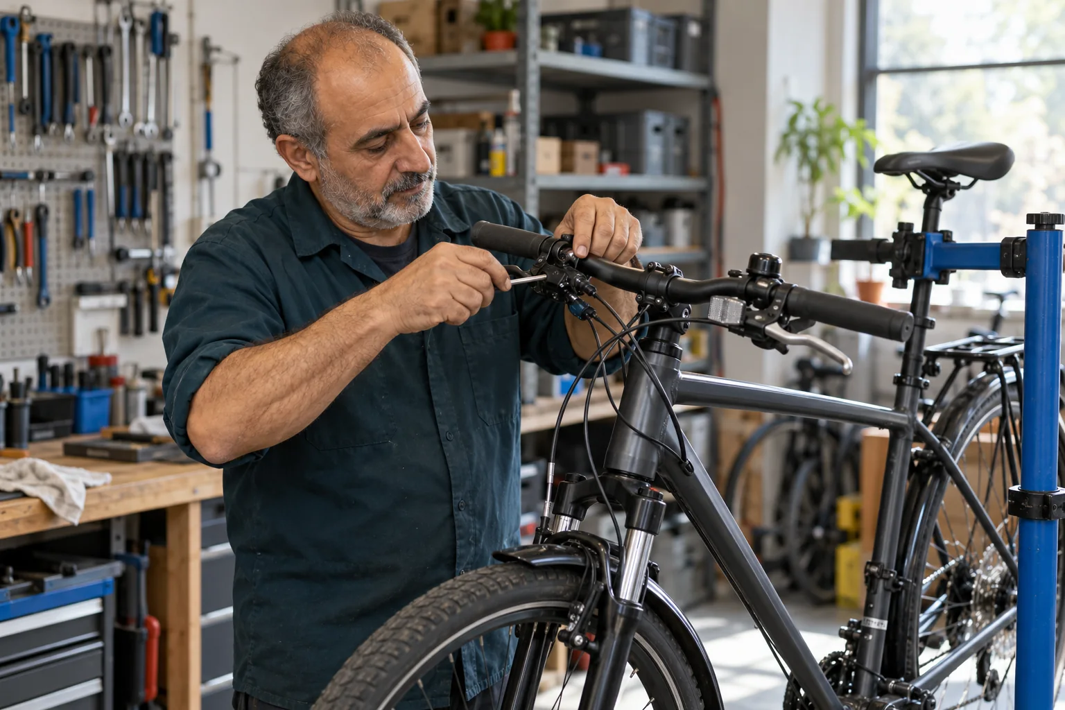 Un hombre ajusta el manillar de una bicicleta sujeta a un soporte en un taller
