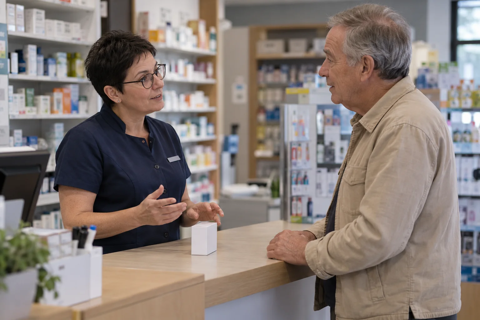 Un hombre conversa de pie con una profesional en el mostrador de una farmacia