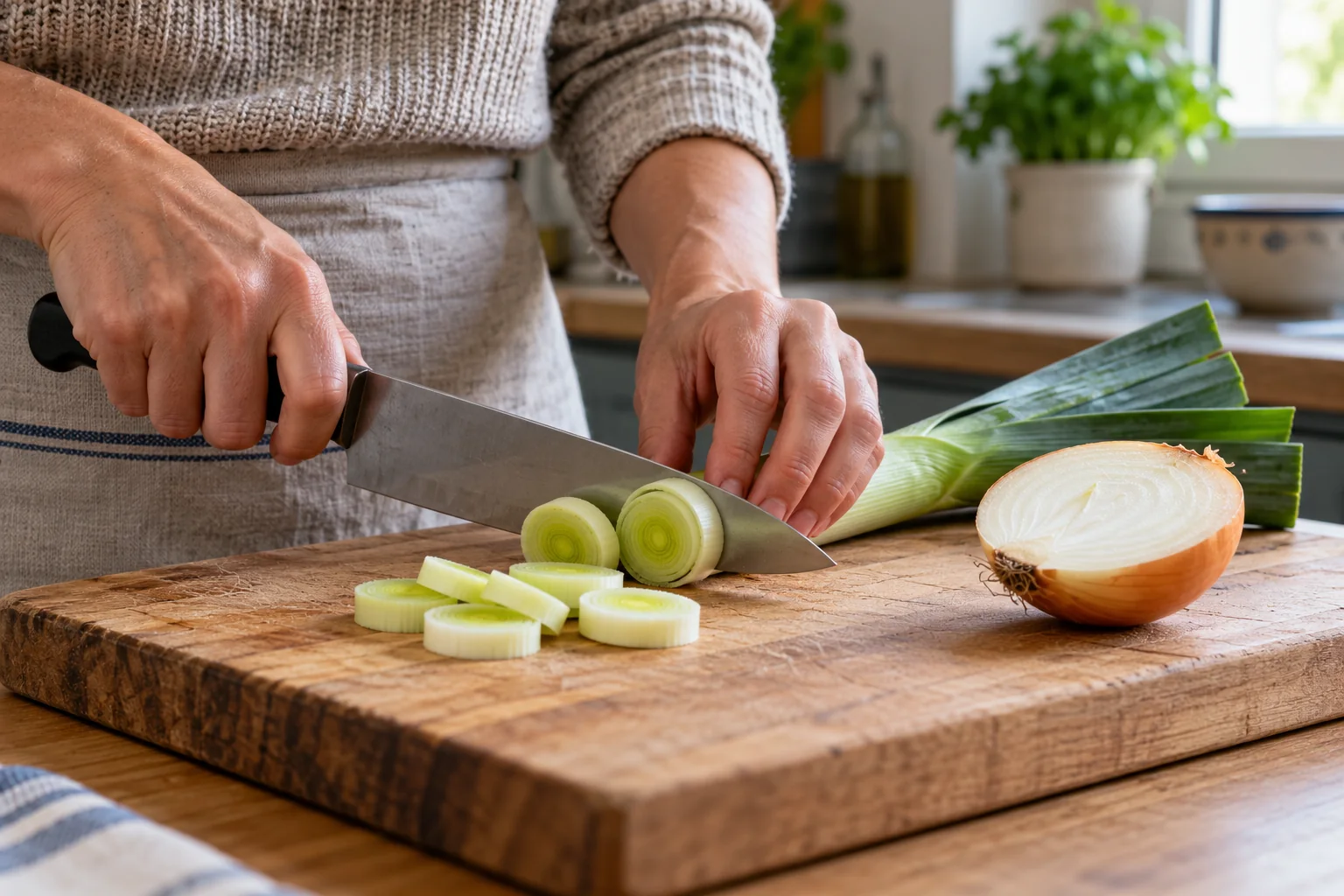 Manos cortan un puerro junto a media cebolla sobre una tabla de cocina