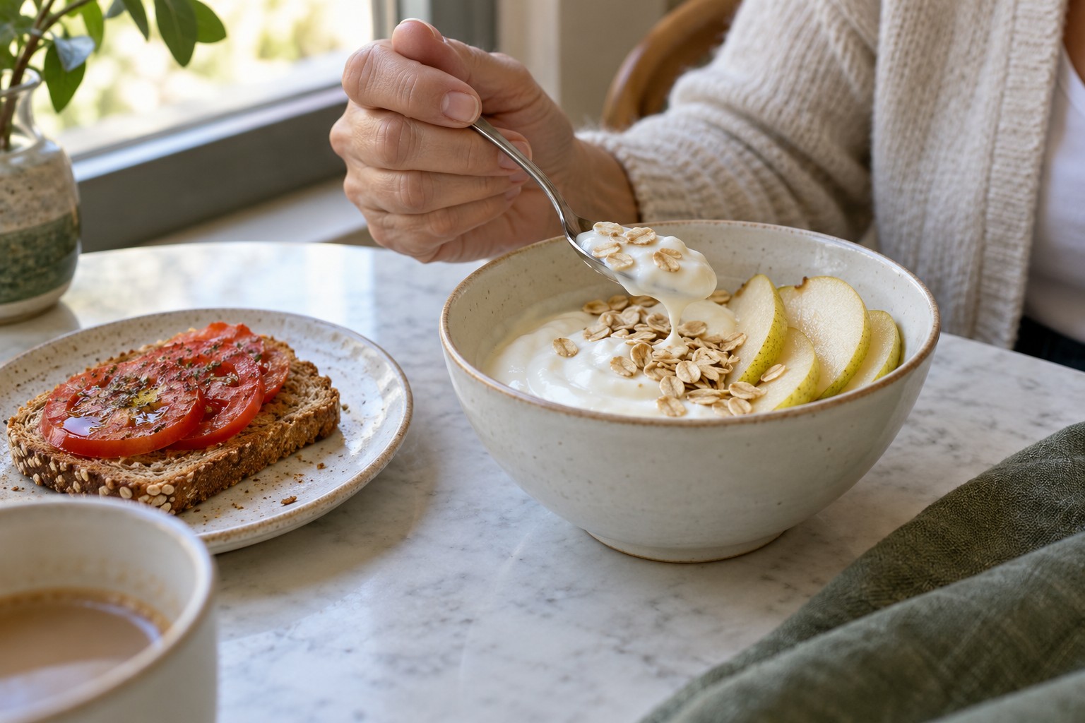 Un desayuno de yogur natural con pera y avena junto a una tostada con tomate