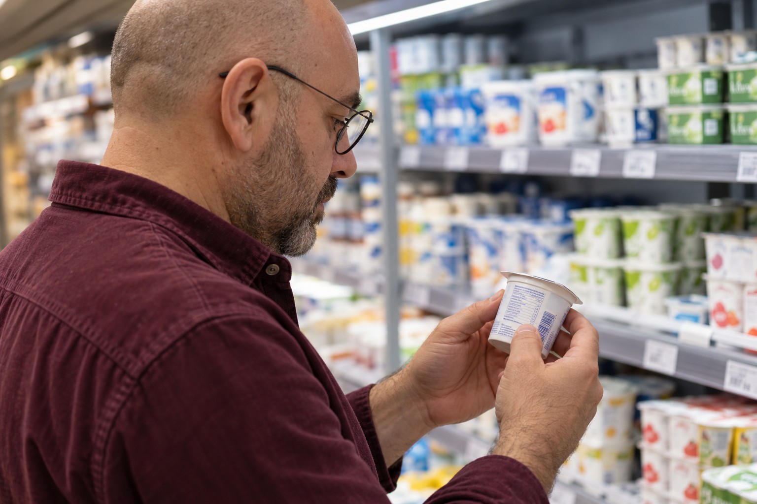 Un hombre consulta la etiqueta de un yogur en la sección de refrigerados