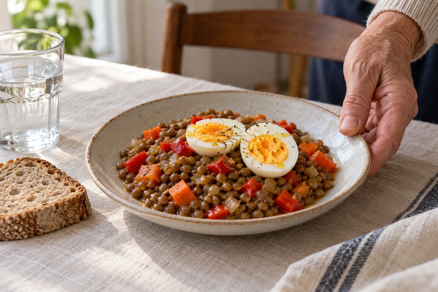 Un plato de lentejas con verduras y un huevo cocido partido por la mitad