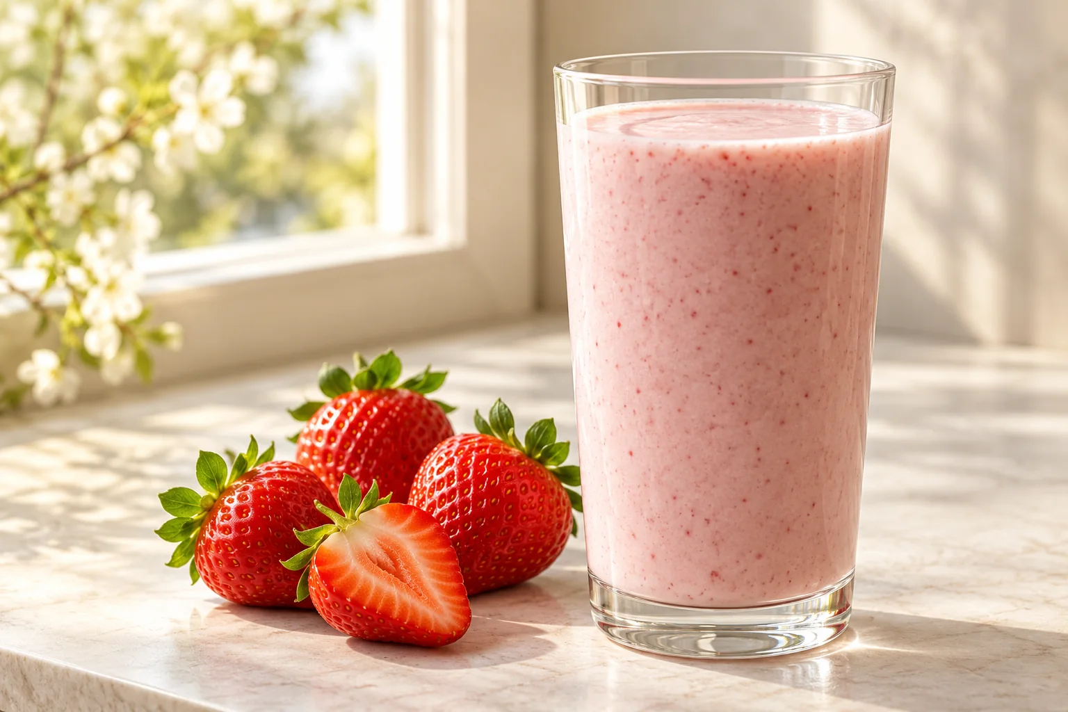 Batido de fresa y yogur en un vaso junto a fresas enteras y cortadas