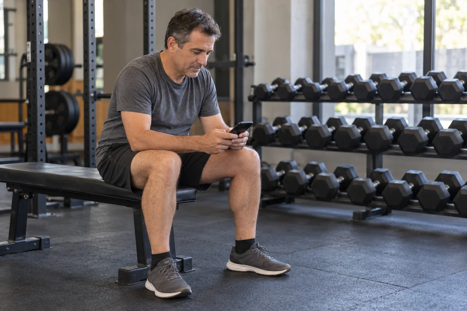 Un hombre consulta su teléfono sentado en un banco de entrenamiento