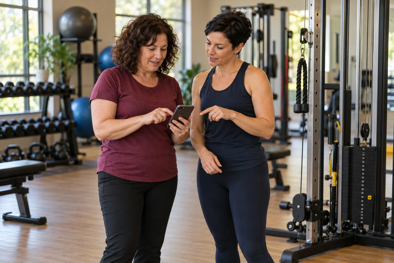 Dos mujeres revisan un teléfono en una sala de entrenamiento