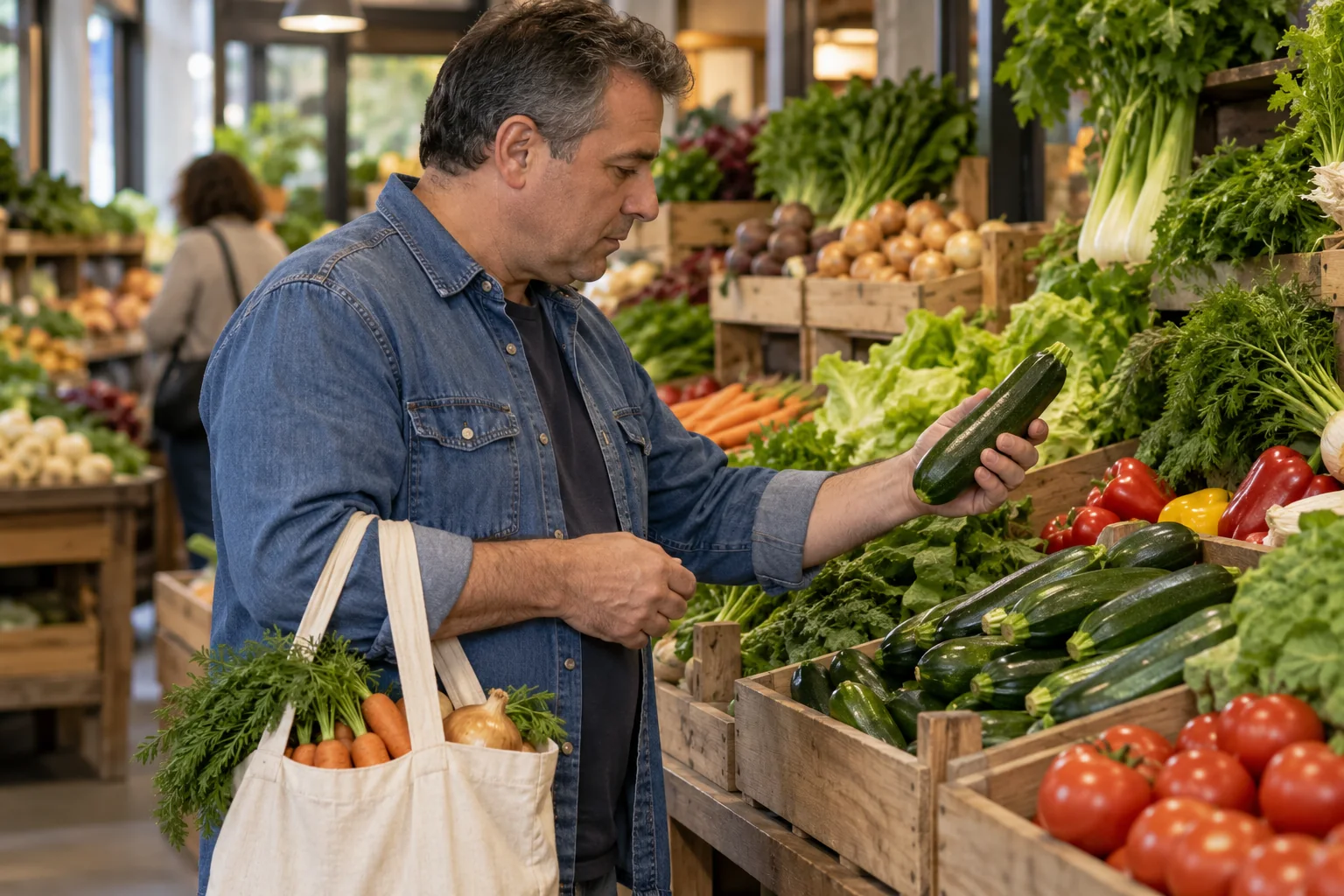 Un hombre elige un calabacín en una frutería con una bolsa de tela que contiene zanahorias y cebollas